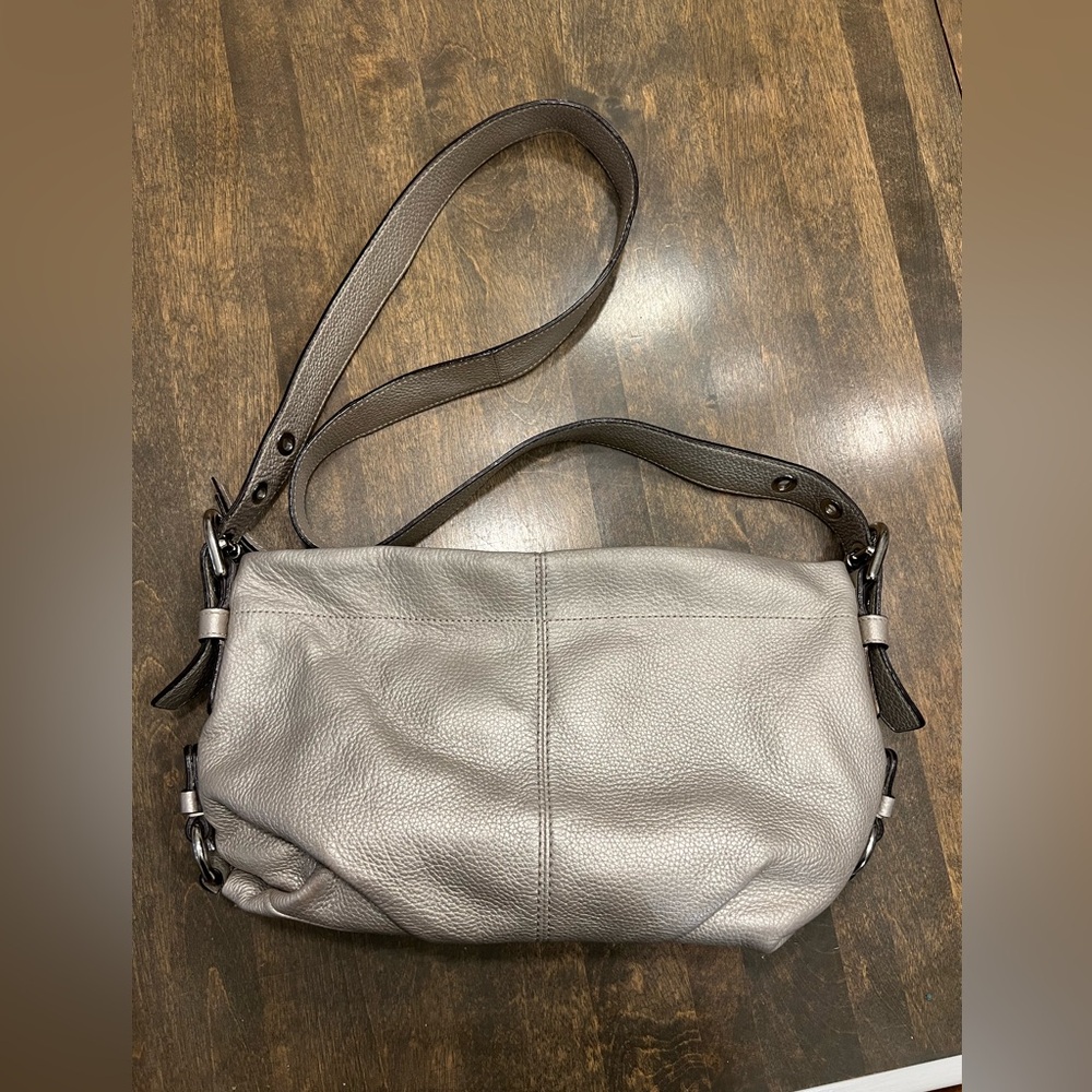 COACH metallic silver grey soft pebbled leather crossbody purse